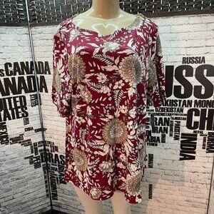 Karen Scott Plus 2X Garnet Red Floral Print Zip Shoulder Detail Short Sleeve Top